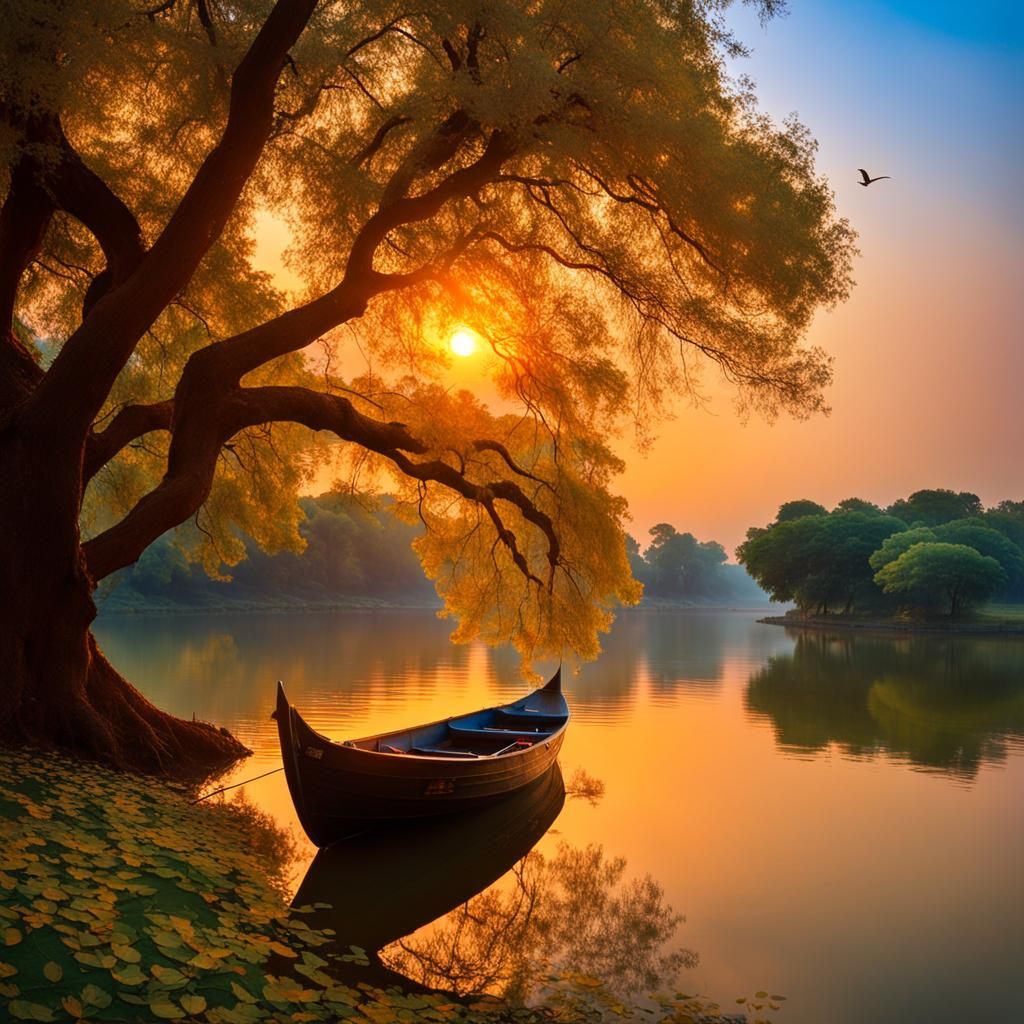 Sunset Lake Scene in Anime Style