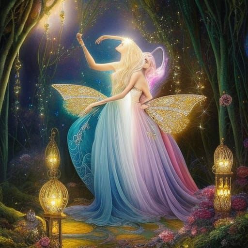 Moon Fairies Embrace in Gilded Storybook Illustration