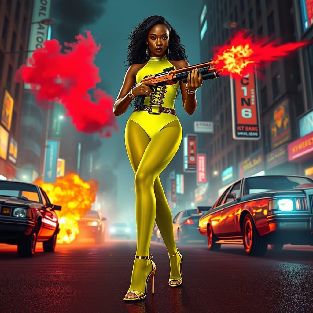 Cyberpunk Woman with Tri-Barrel Shotgun in Neon City