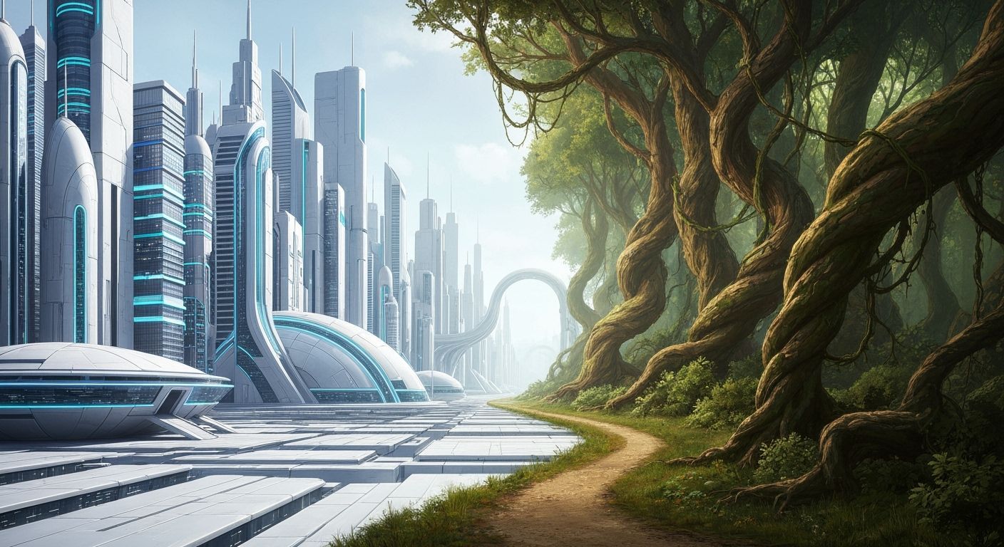 Futuristic City Meets Whimsical Forest, Syd Mead Style