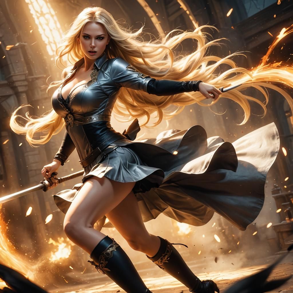 Dynamic Battle Scene: Blonde Warrior in Dark Fantasy Style