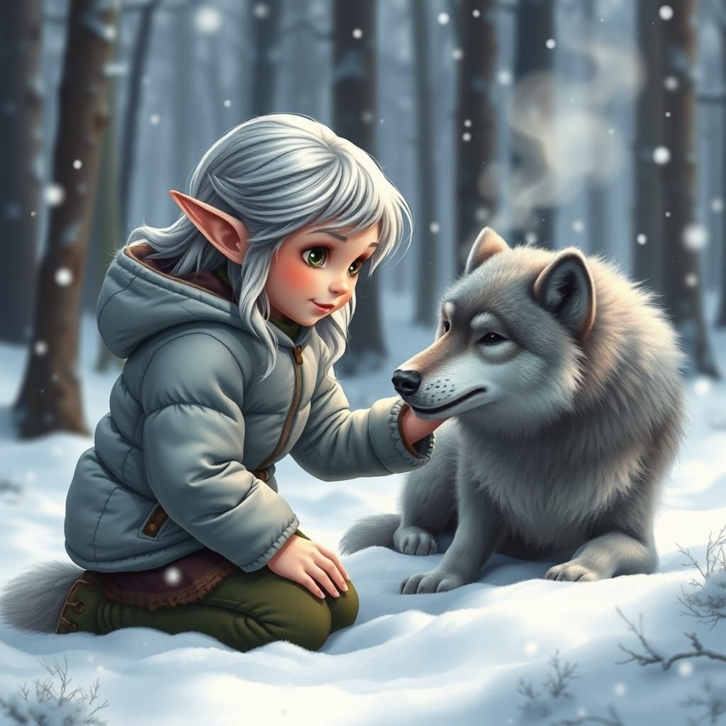 The wolf is enjoying being pet by its elf child