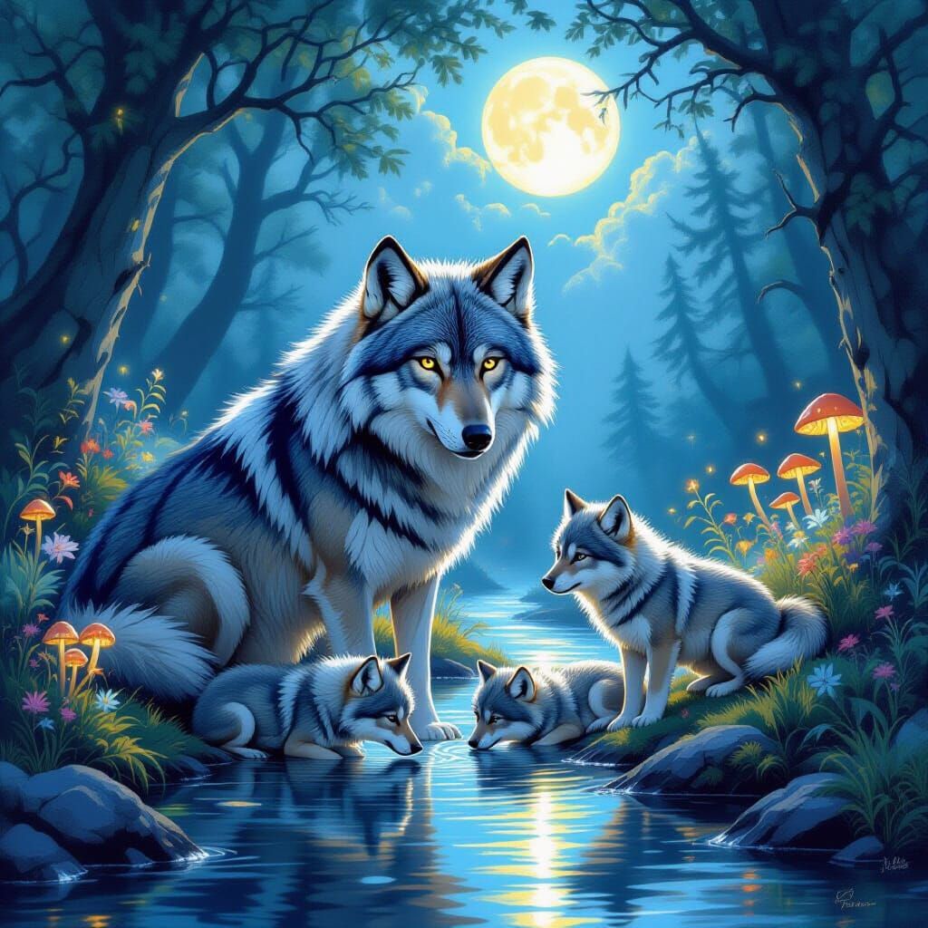 Wolf Family at Forest Stream in Mystical Lighting
