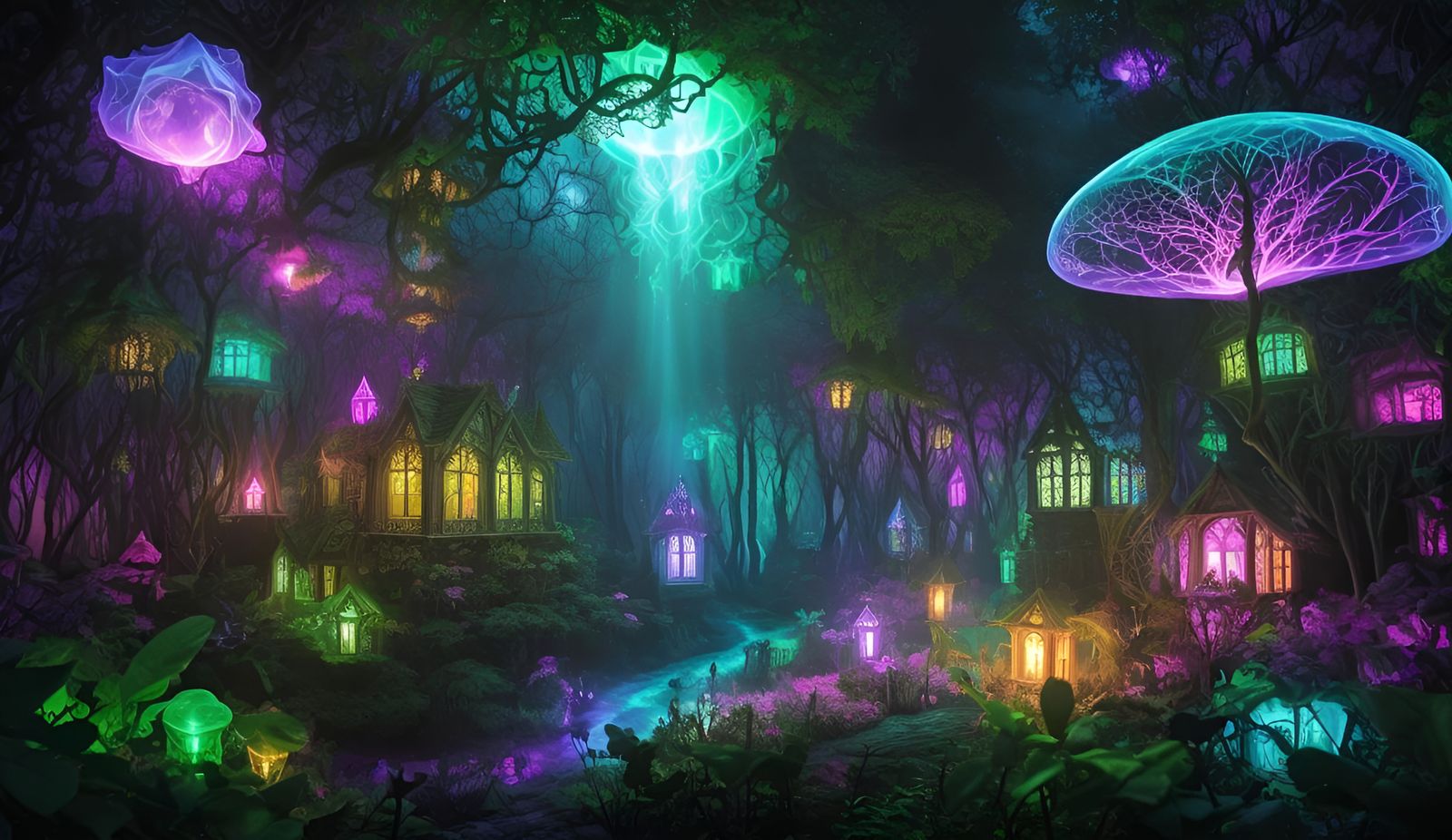 Bioluminescent Cottage in Mystical Dark Fantasy Forest