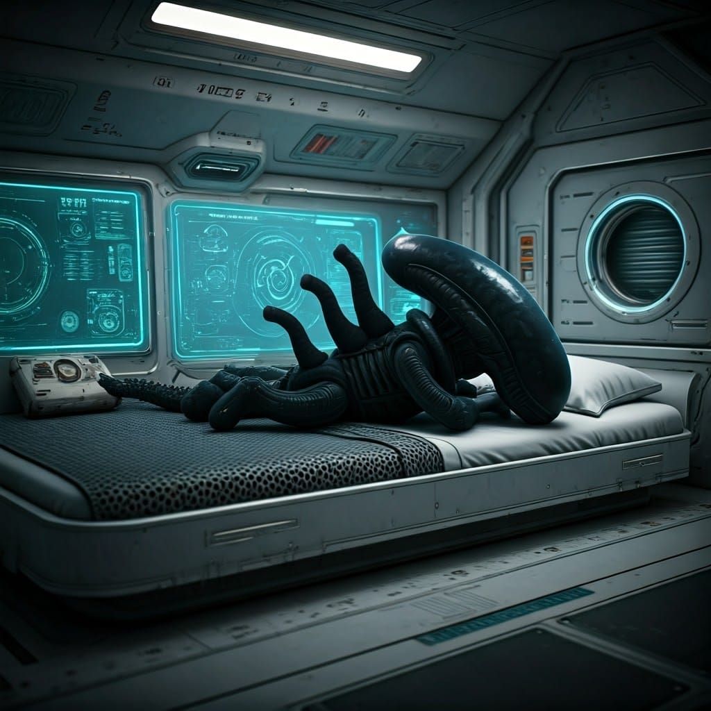 Cuddly Xenomorph in Futuristic Bedroom