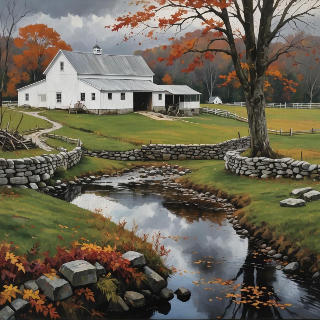 Amish Farm in Autumn, Realist Painting Style