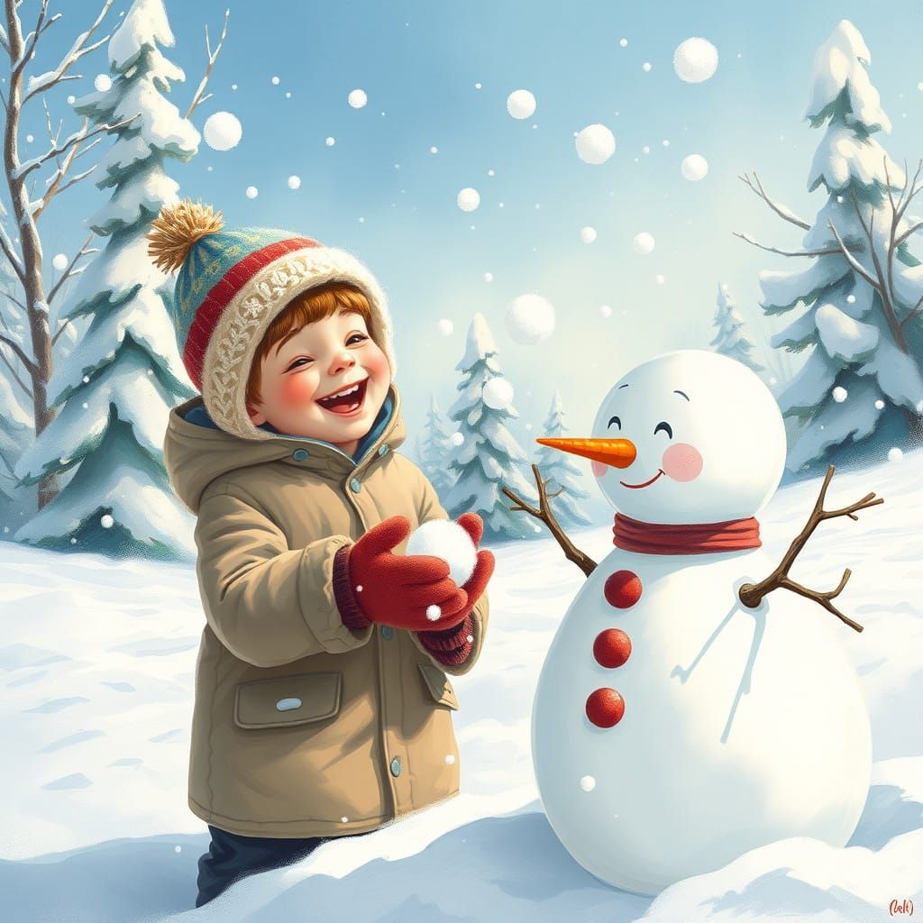 Whimsical Winter Scene of a Joyful Kid and Snowman Engaging...