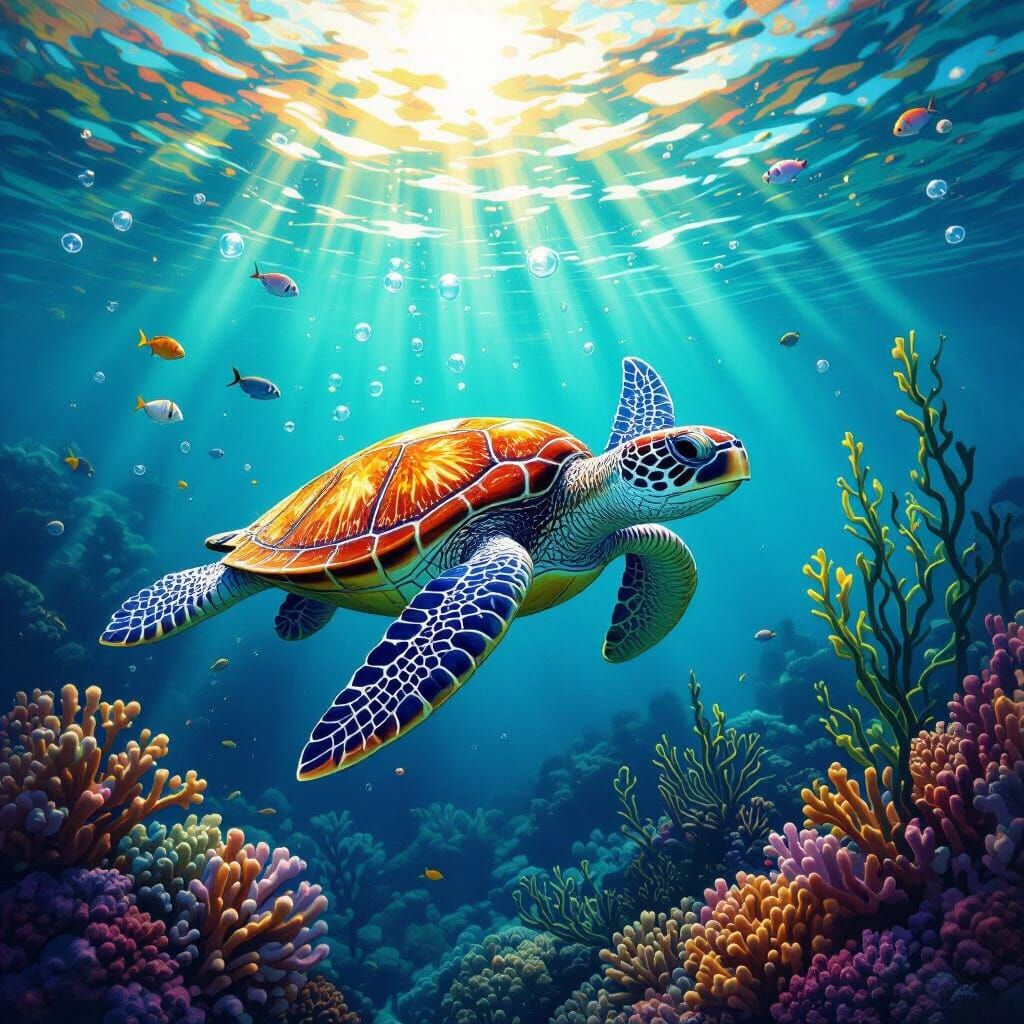 Vibrant Mosaic Sea Turtle in Coral Reef