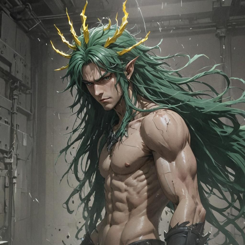 Anime Warrior with Green Hair and Light Crown