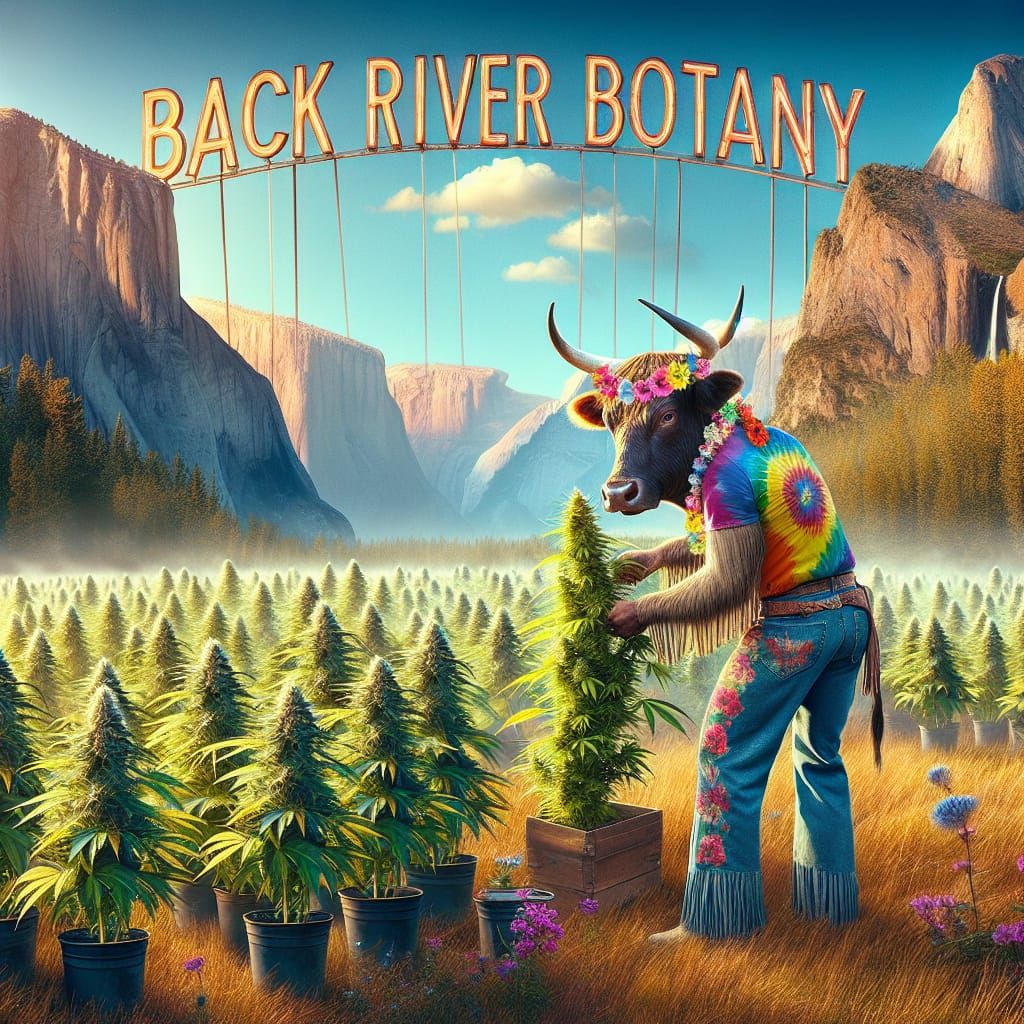 Cinematic Landscape with Tie-Dye Bull and Cannabis