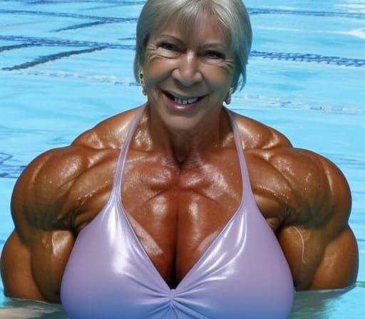 Muscular Bodybuilder Grandma in Swimming Pool