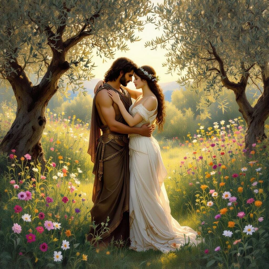 Ares and Aphrodite Embrace in a Golden Hour Garden