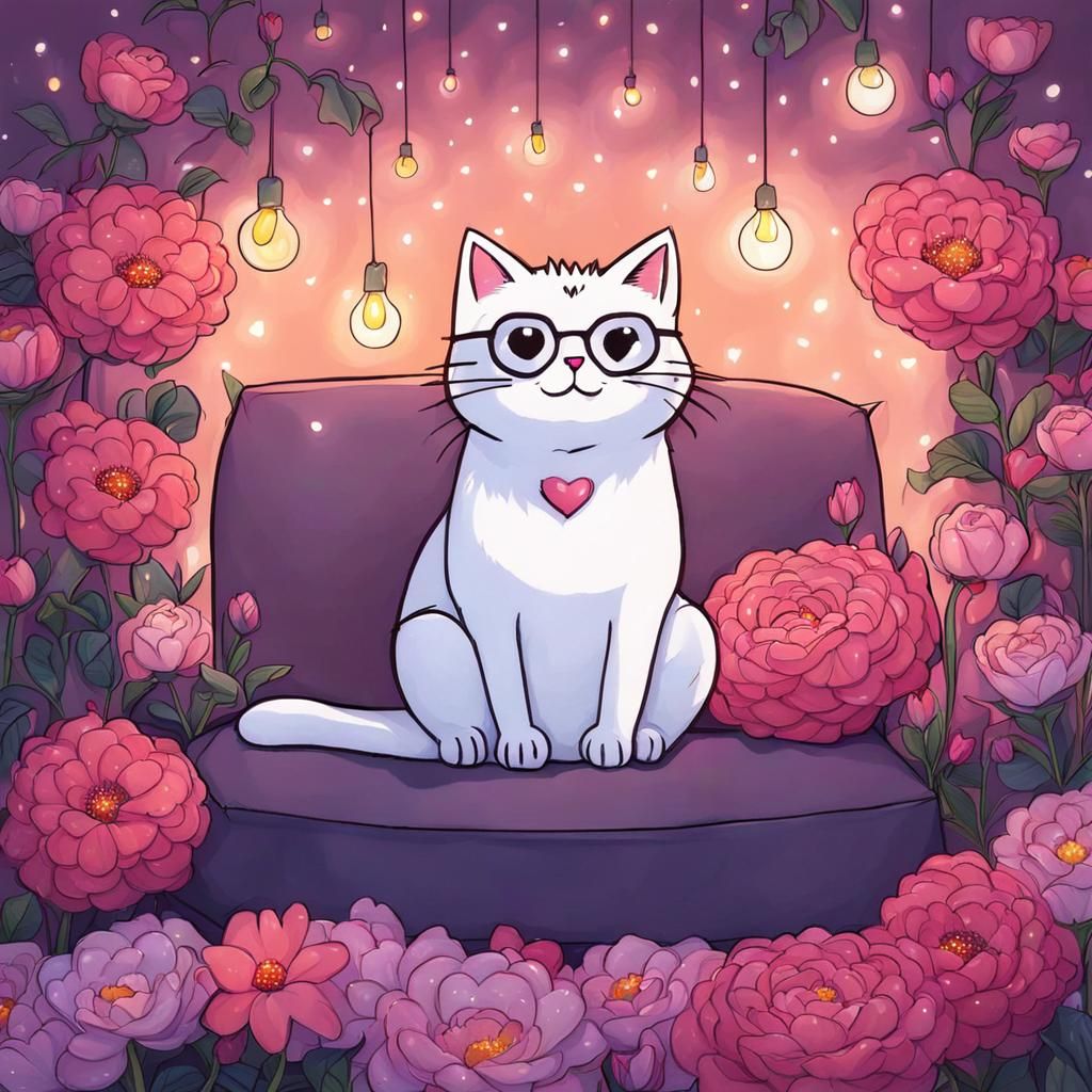 Cute Cat Surrounded by Flowers in Cartoon Style
