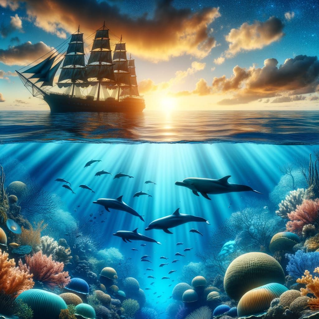 Vibrant Underwater Scene with Golden Sunset and Dolphins