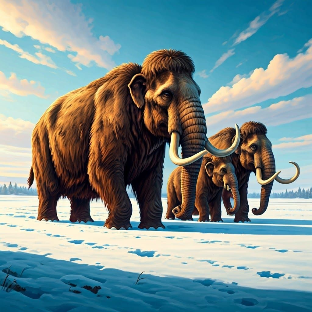 Woolly Mammoths Cross a Snowy Field in Naturalistic Style