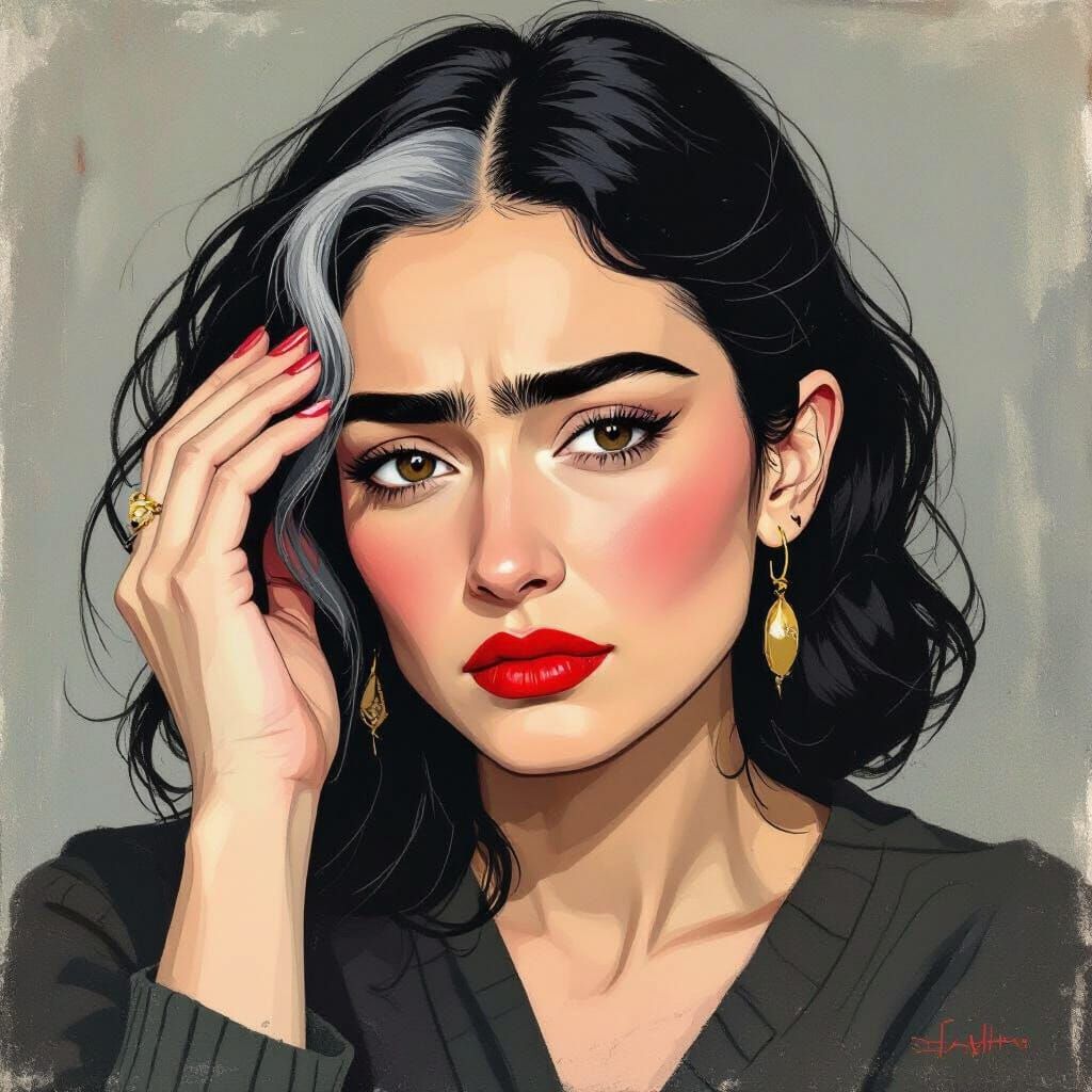 Worried Woman with Grey Hair in Expressive Art Style