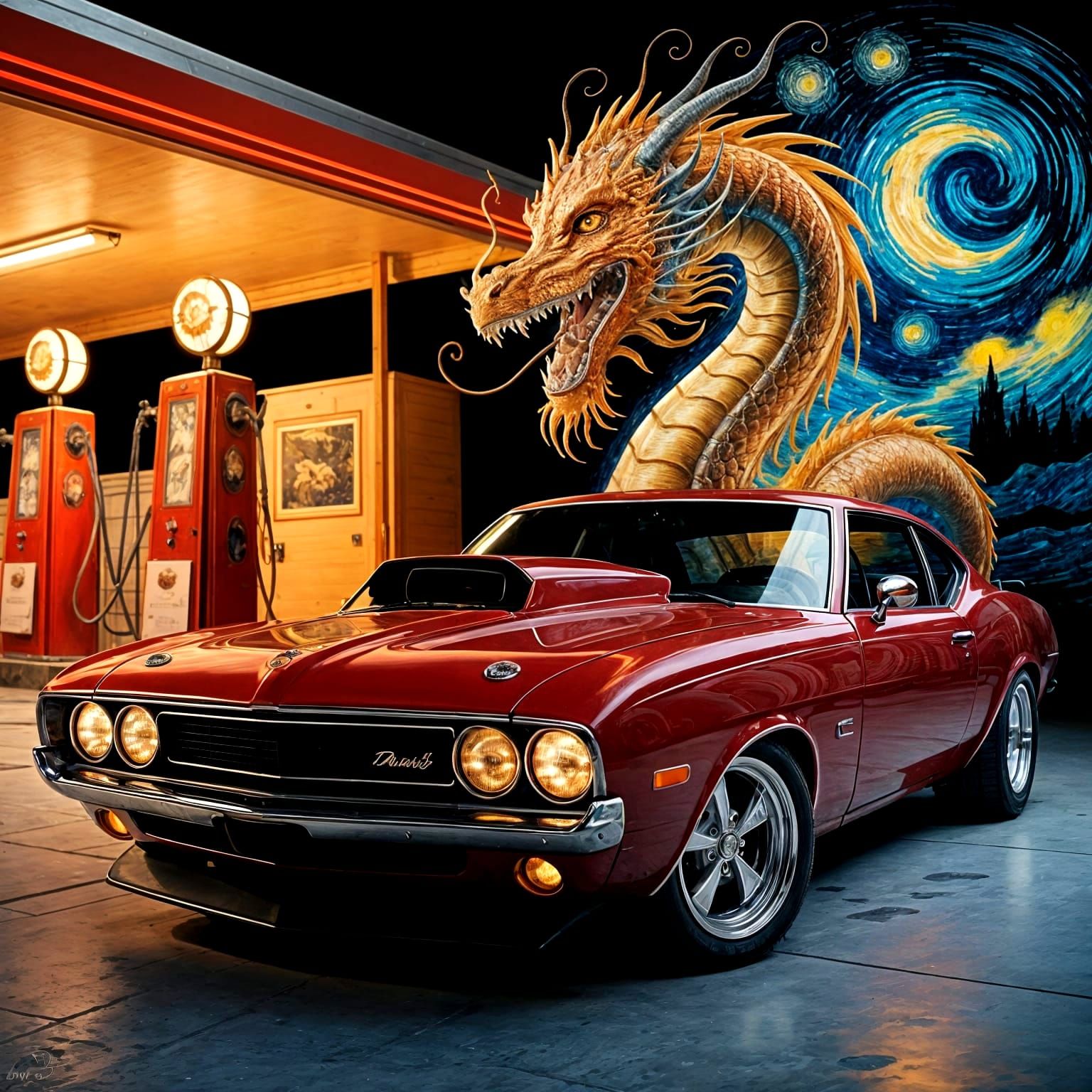 Red Muscle Car With Dragon Under Starry Night Sky
