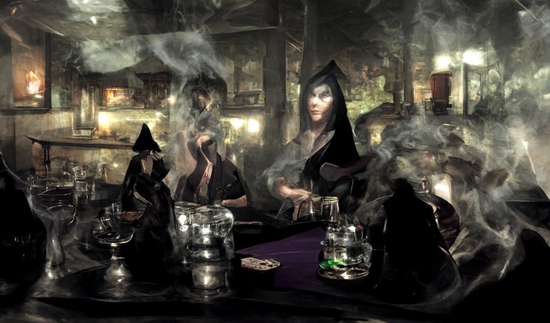 Witches' Poker Night in Smoky, Mysterious Bar