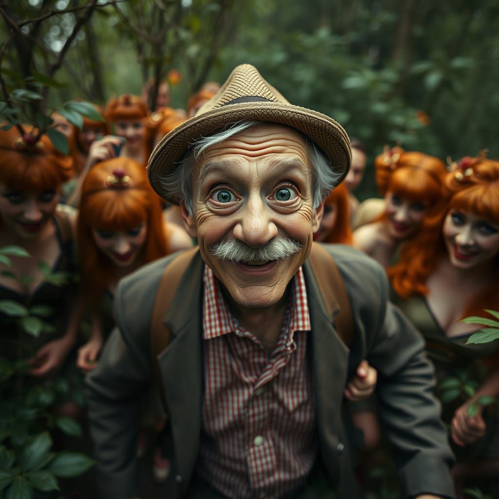 Gentleman Farmer's Whimsical Dance Amidst Red-Haired Pin-Ups