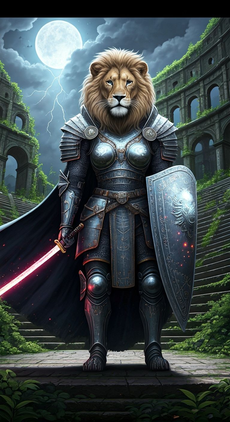 Lioness Warrior in Silver Armor with Glowing Katana