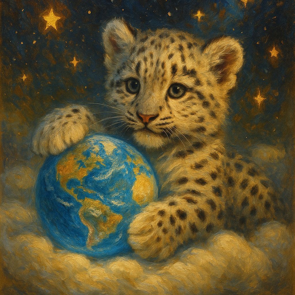 Baby Snow Leopard Holding Earth: Whimsical Oil Painting