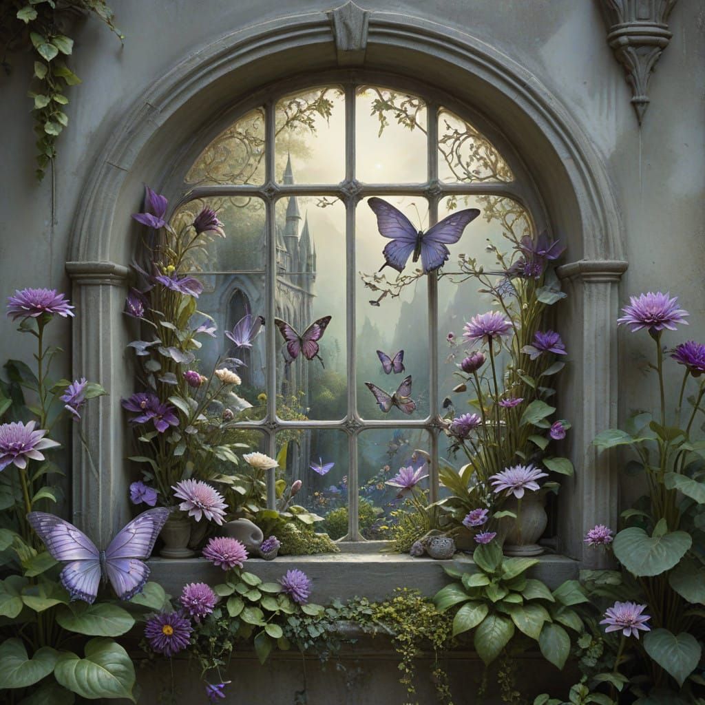 Gothic Window Frames a Dreamlike Garden Scene