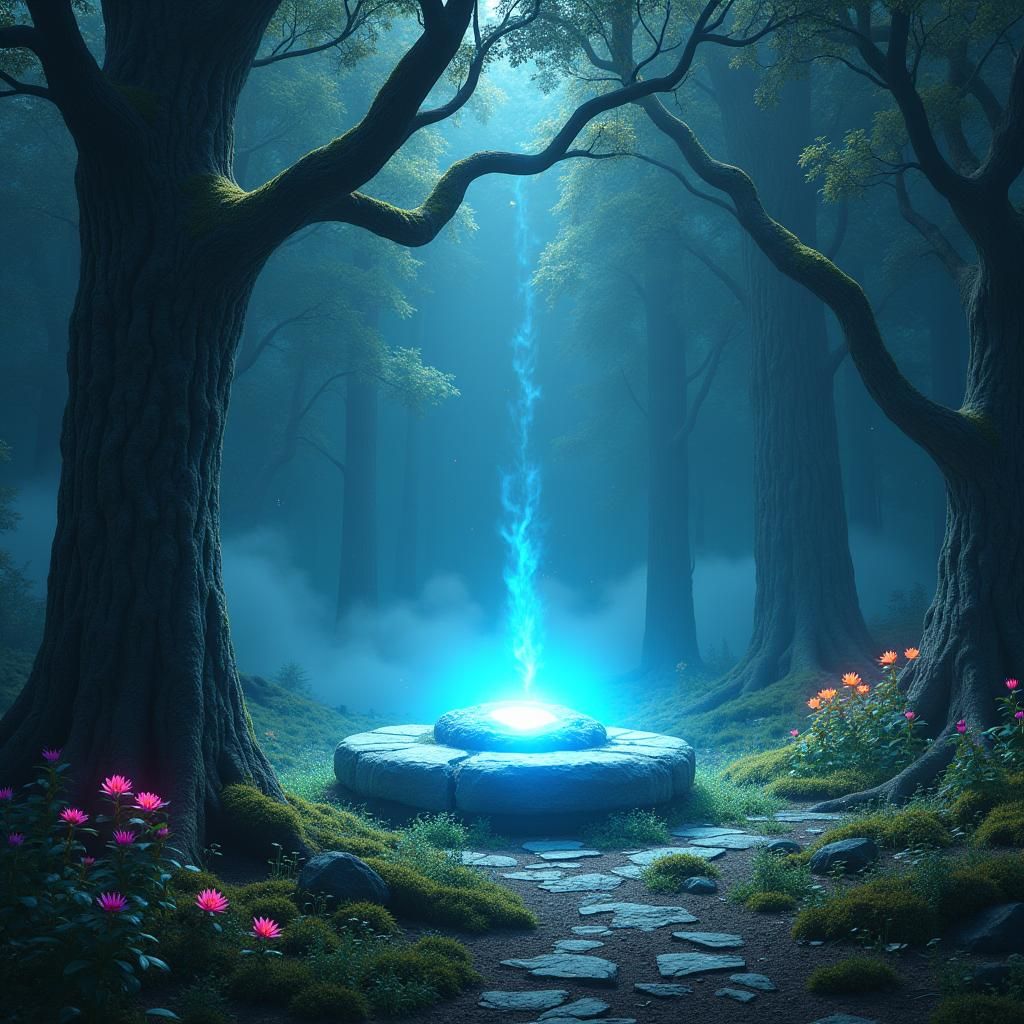 Mystical Glowing Stone in Futuristic Forest