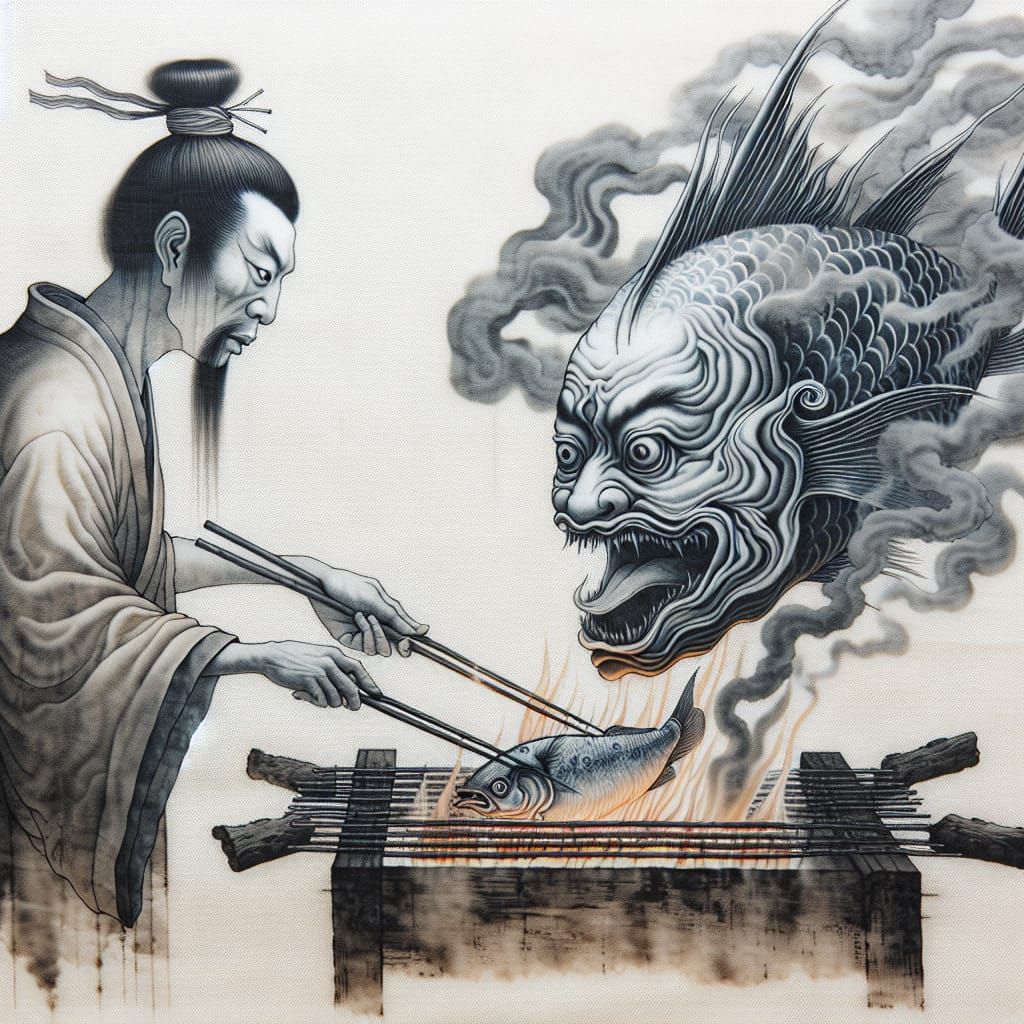 Eerie Fish with Human Face in Chinese Ink Painting