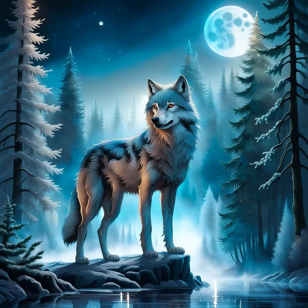 Crystal Wolf in Moonlit Forest: Ethereal Digital Art