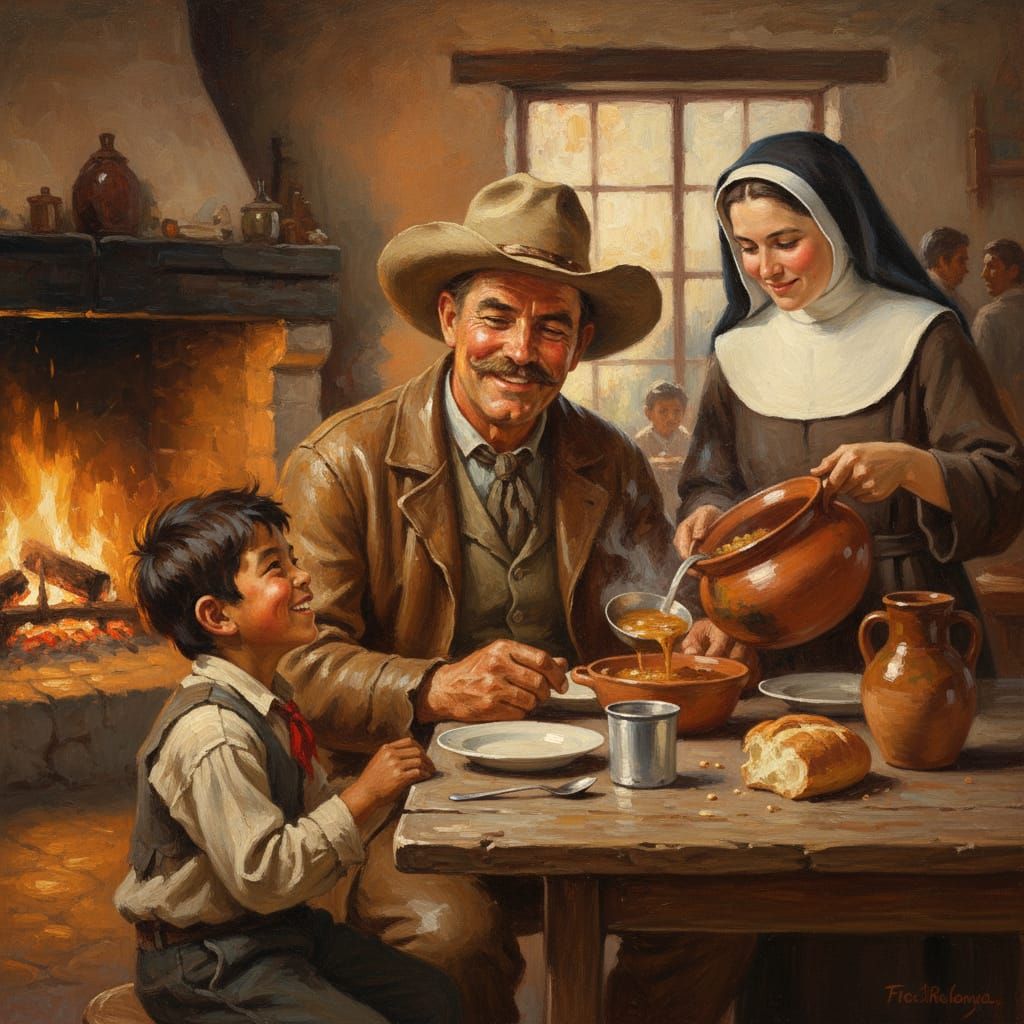 Impressionist Oil Painting of a Sharing Meal