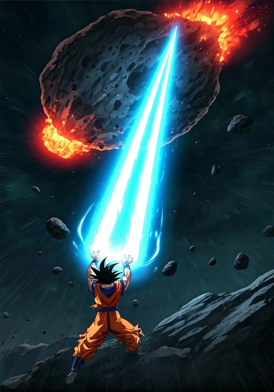 Goku Unleashes Kamehameha Ray Beam Against Giant Meteor