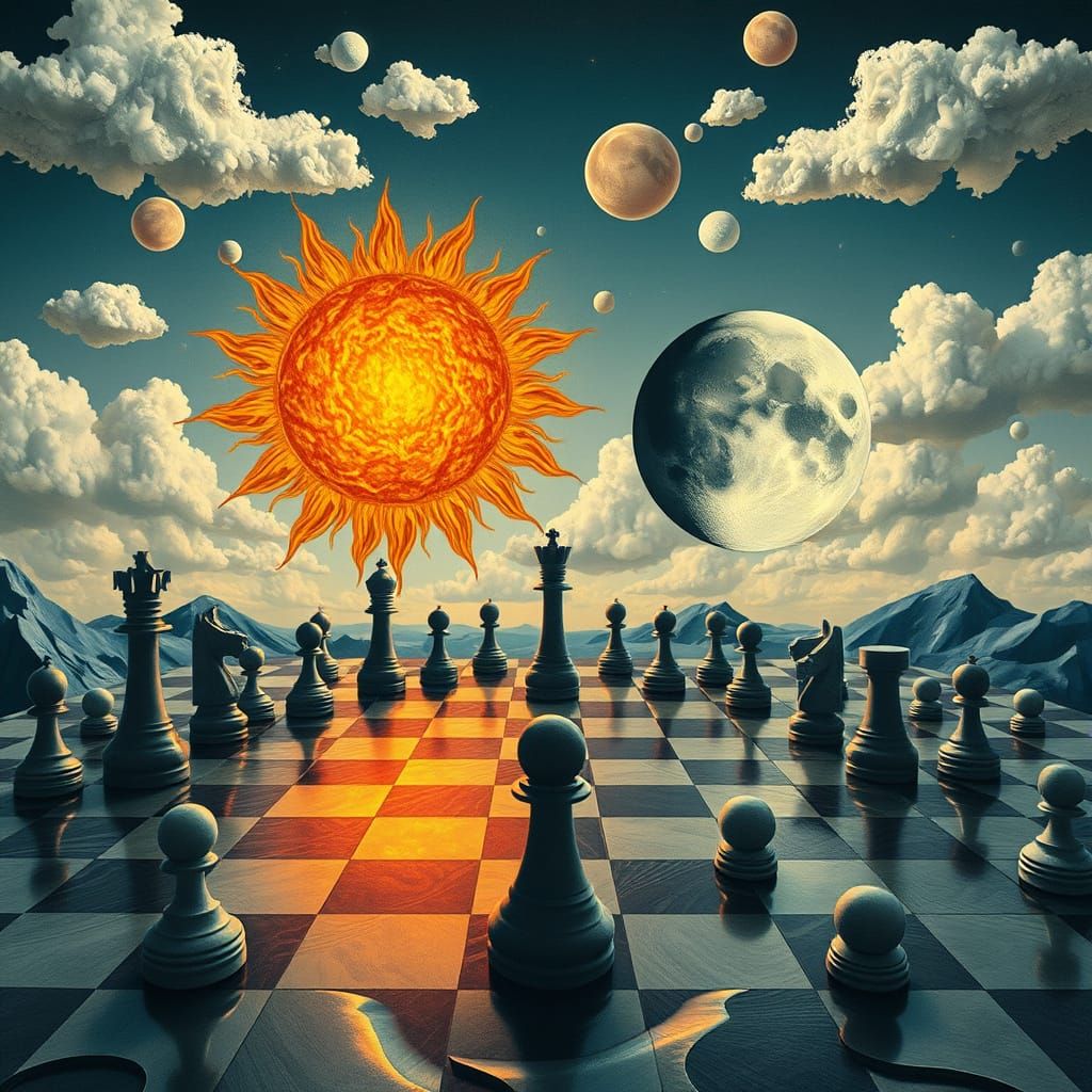 Cosmic Chess Duel in a Dreamlike Landscape