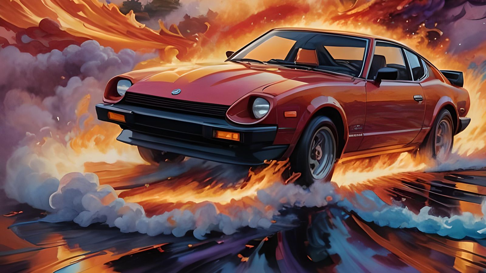 Blond Driver in Red 1977 Nissan: Detailed Matte Painting