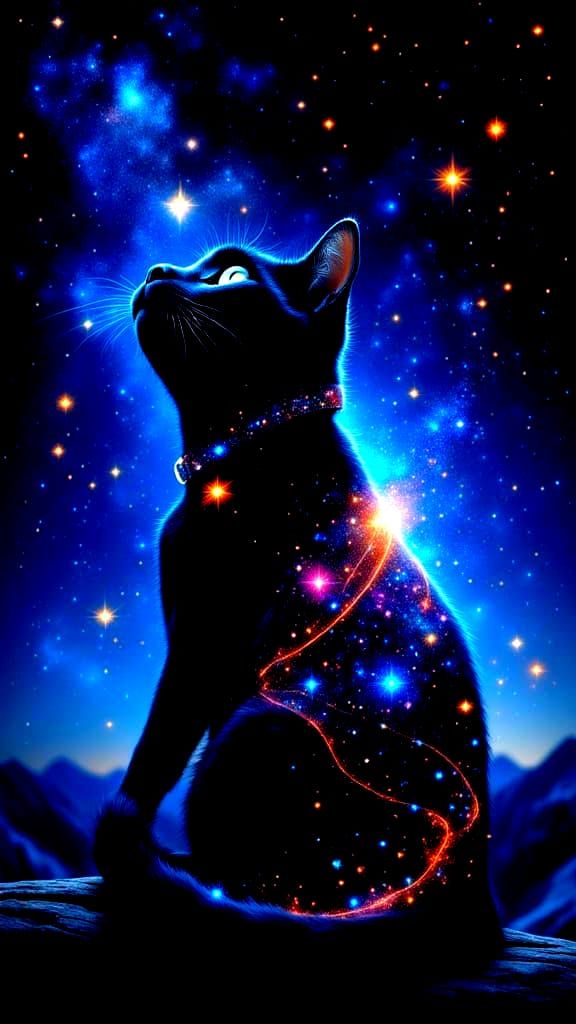 Double Exposure Cat Portrait with Bioluminescent Stars