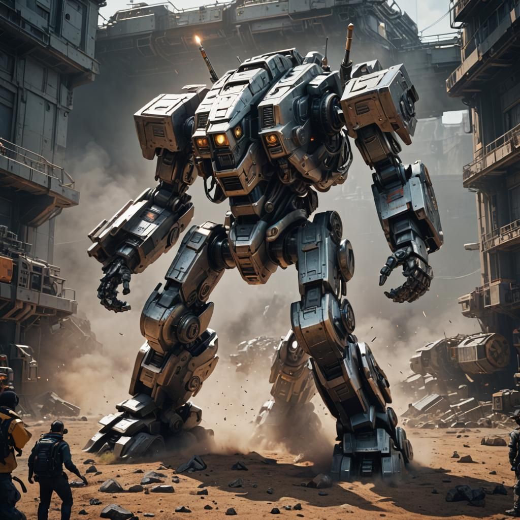 Giant mech robot military grade, in action, war