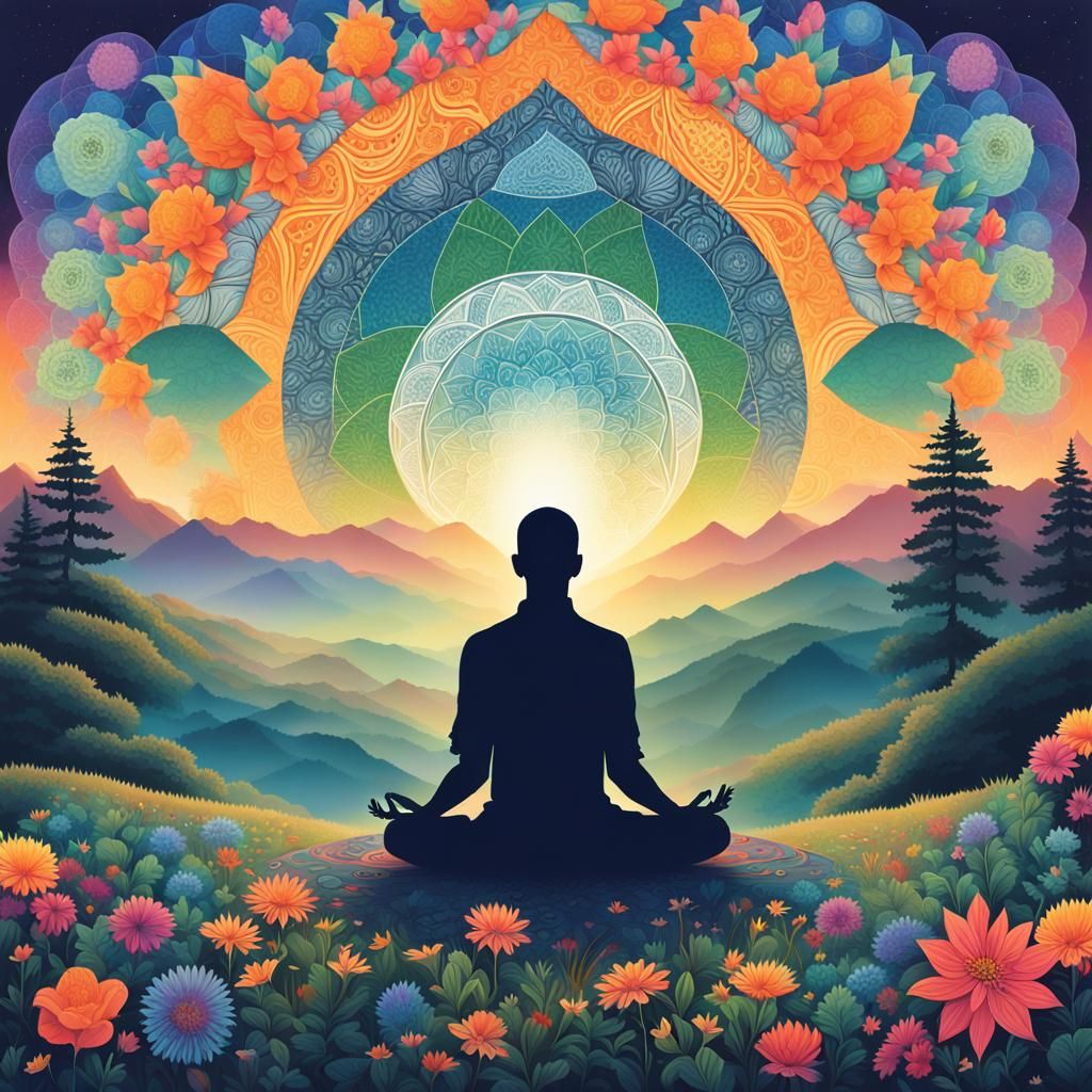 Meditative Figure Emanating Psychedelic Visuals