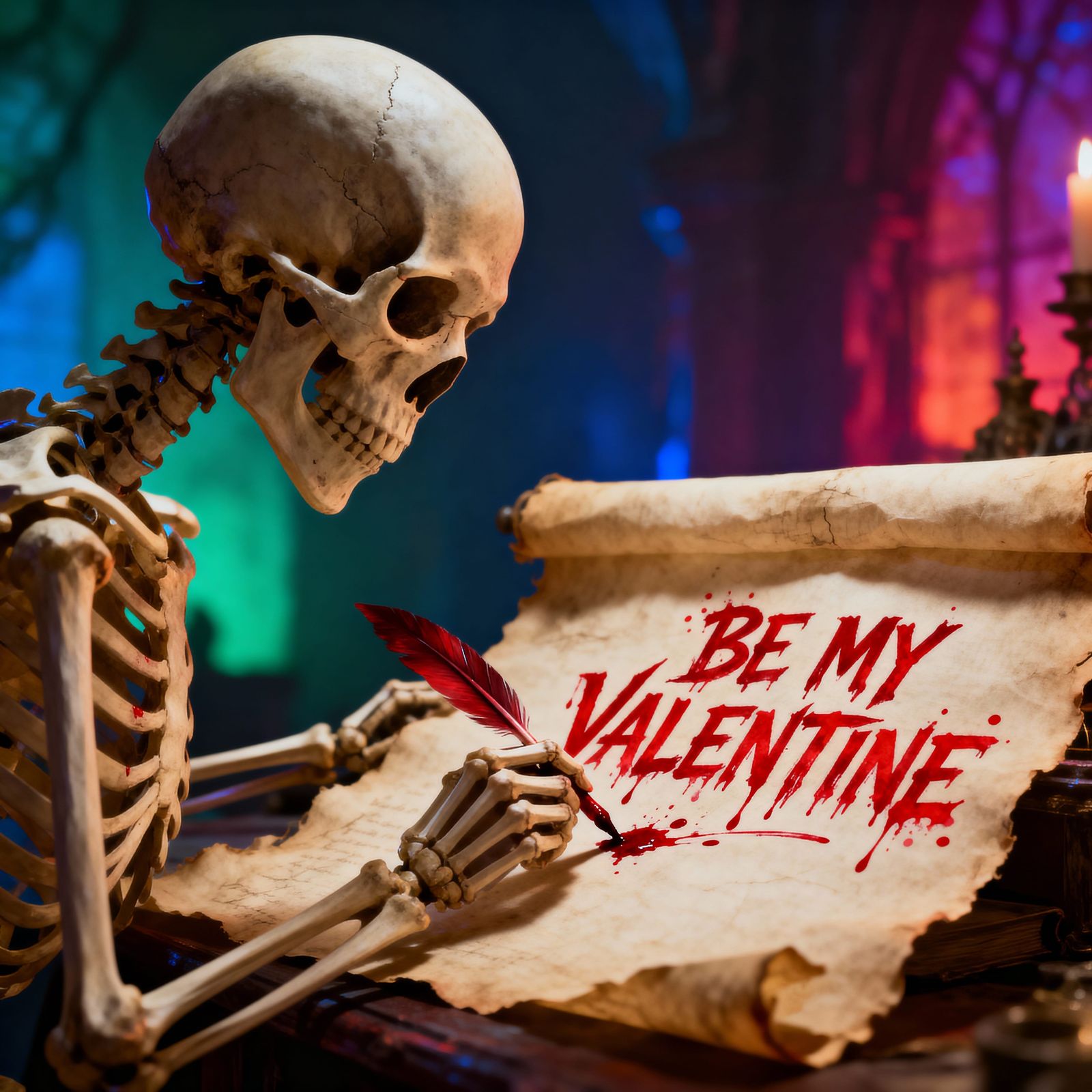 Skeleton Writes Valentine Message in Blood Art