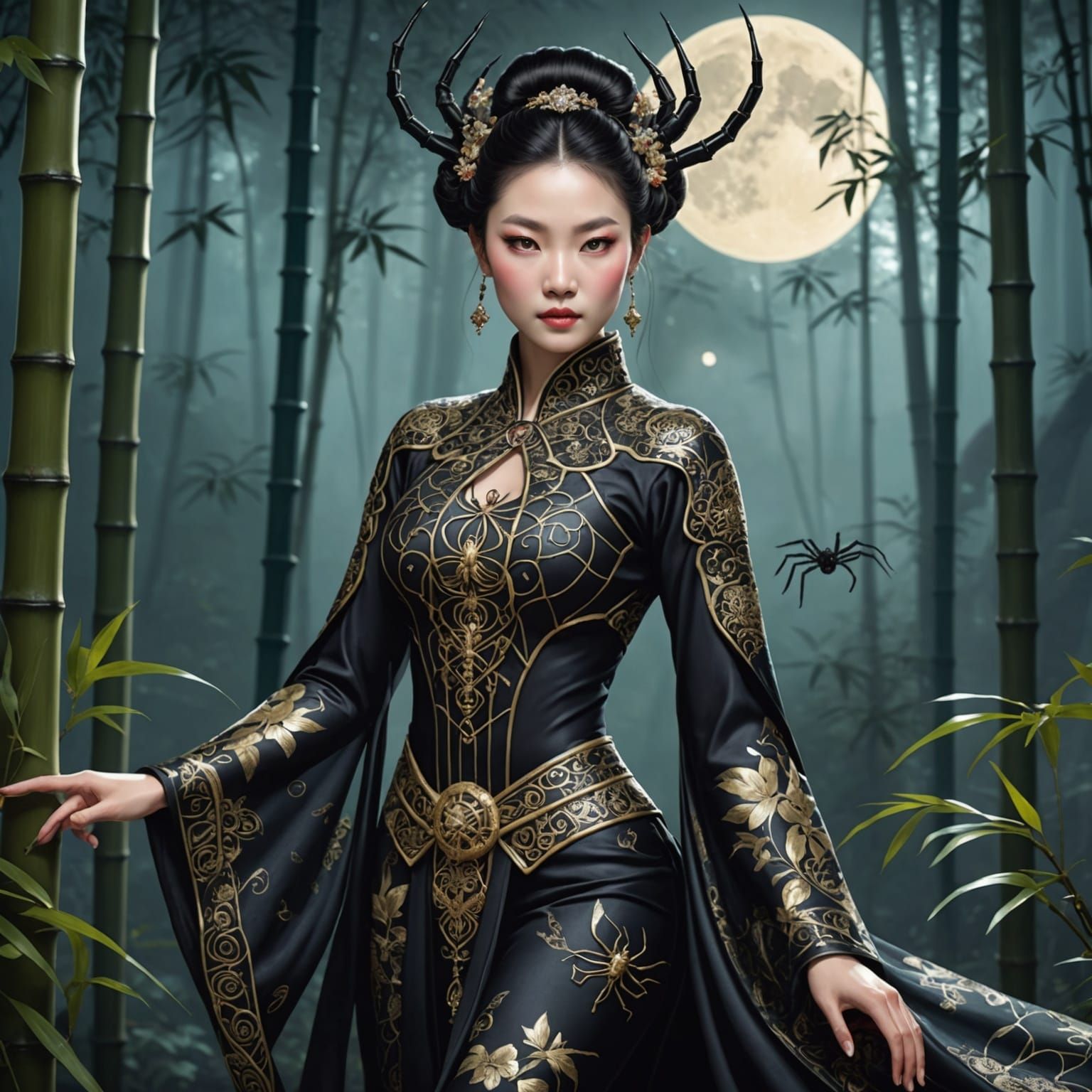 Mystical Spider-Woman in Bamboo Forest