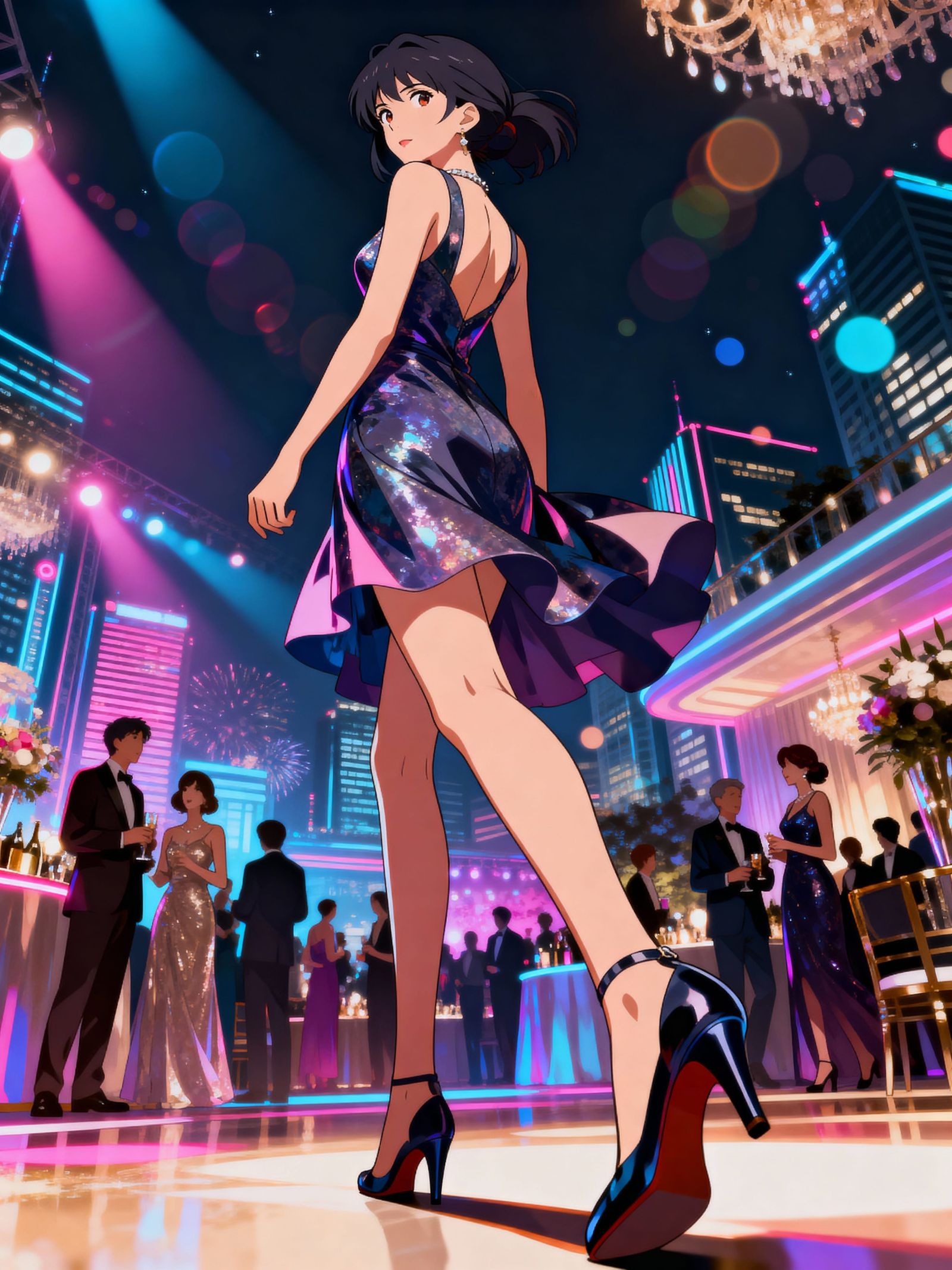 Anime Model Strides Away at Night City Party