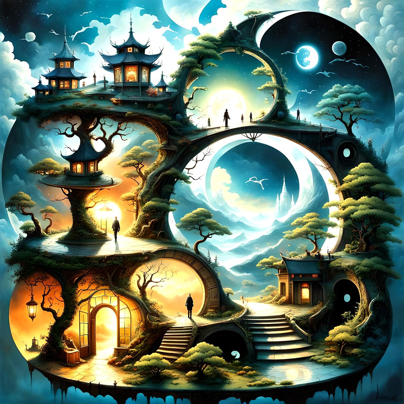 Surreal Stargate Scene with Fantasy Garden and Dream Cloud