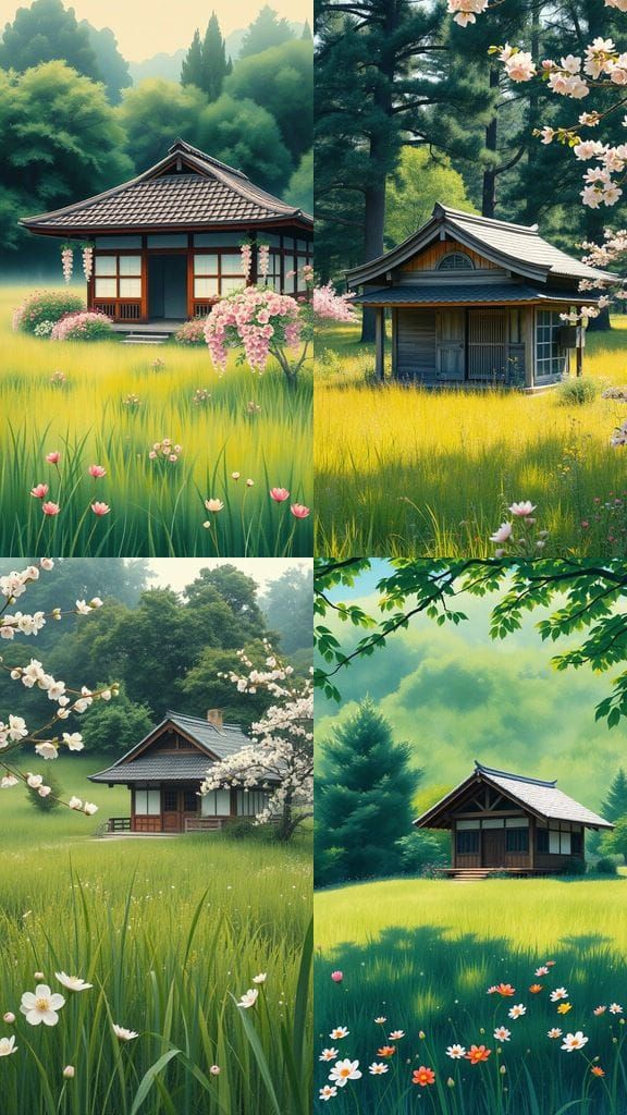 Serenity in Spring: Japanese Hut Amidst Lush Greenery