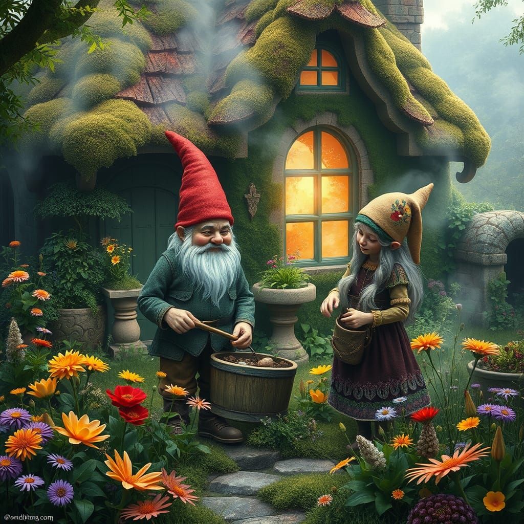Gnomish Gardeners in Whimsical Cottage Setting