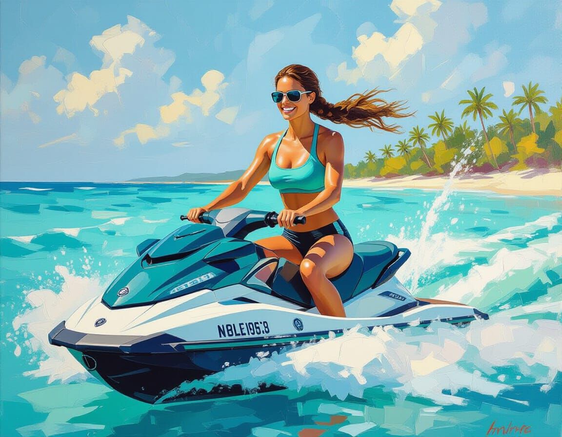 Impressionist Oil Painting of Lara Croft on a Jetski