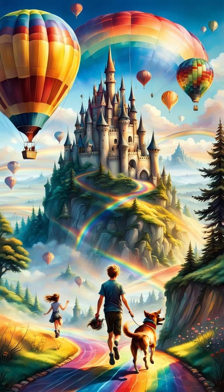 Children Chase Rainbow to Fairy Castle