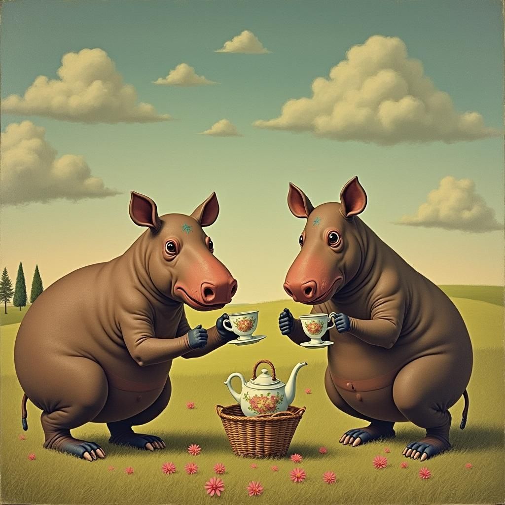 Tapirs' Surreal Tea Time, Cartoonish Carvaggio Style