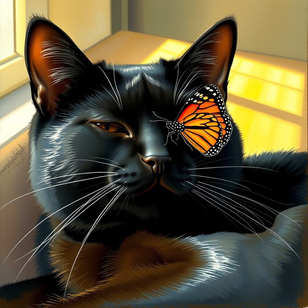 Serene Black Cat Surrounded by Vibrant Monarch Butterfly