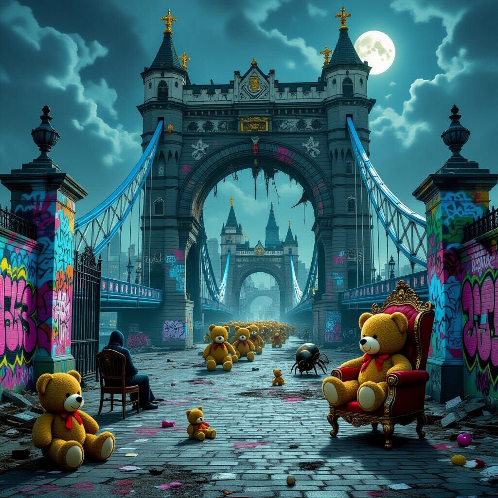 Decayed Tower Bridge with Graffiti & Surreal Teddy Bear Para...