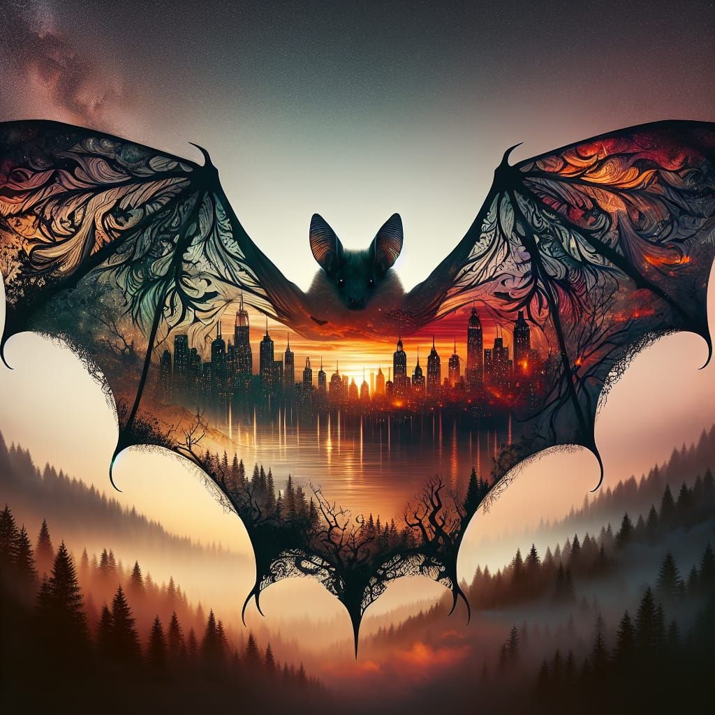 A bat with wings spread. Double exposure scenes of forest an...