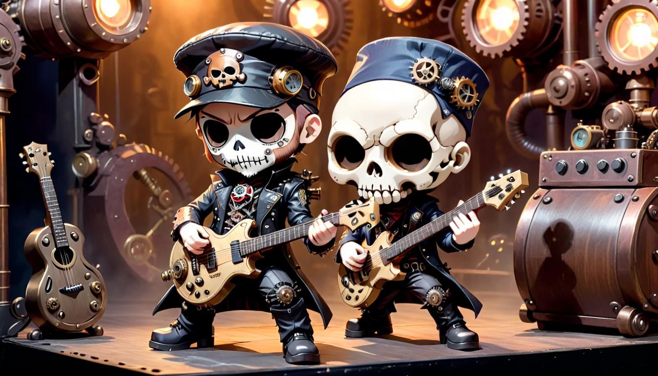 Chibi Guitarist Skull on Steampunk Stage