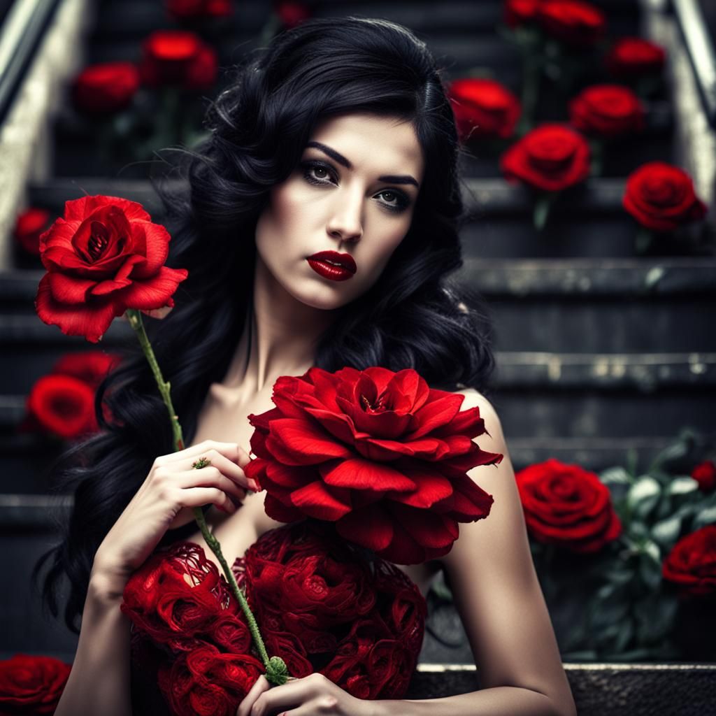 Woman in Red Stockings Holding Flower on Stairs